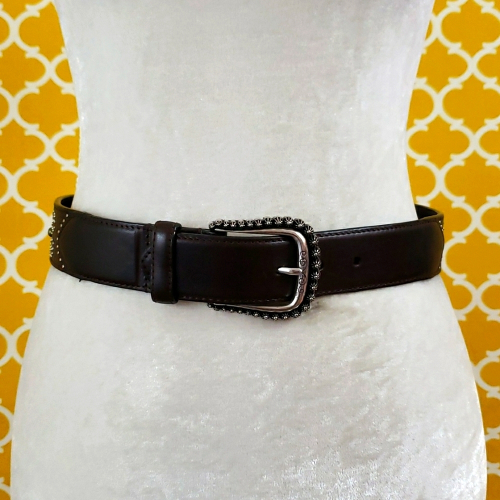 AMAZING BRIGHTON DARK BROWN LEATHER W/GROMMET SCROLLED HEARTS